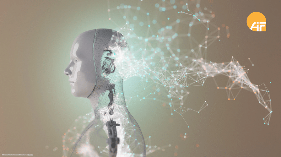 Eine Büste, die von der Seite gezeigt wird und am Hinterkopf durchsichtig ist. Darüber liegt eine Netzwerkstruktur.