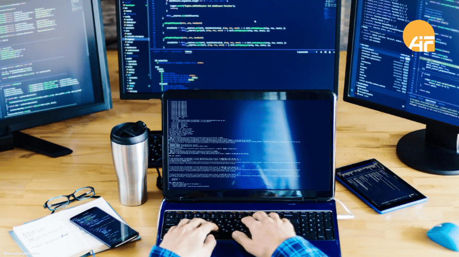 Mehrere Bildschirme, die einen Code zeigen. Davor steht ein offener Laptop mit demselben Code.