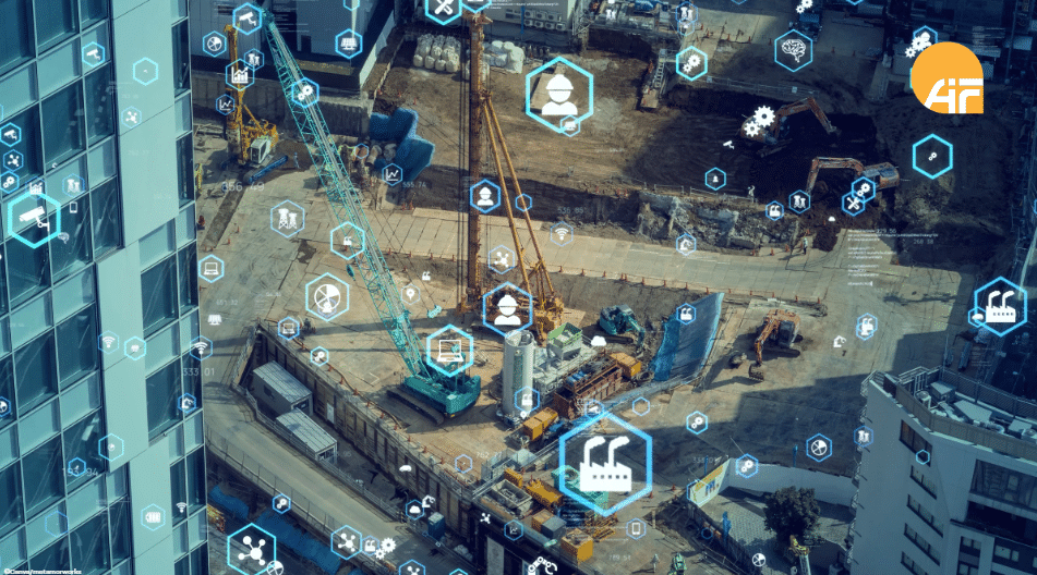 Eine Baustelle mit mehreren Symbolen, die über dem Bild liegen.