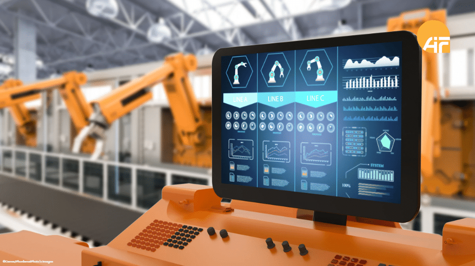 Ein Anlagedisplay in einer Werkhalle.