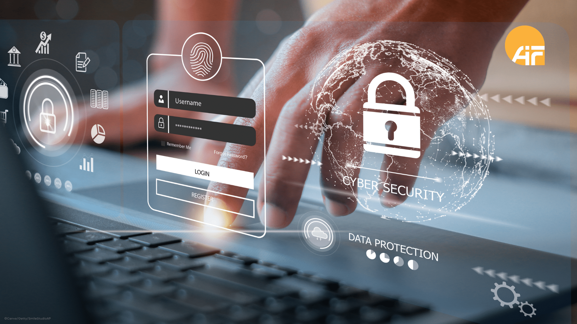 Ein Laptop, über ein personalisierter LogIn-Bereich schwebt.