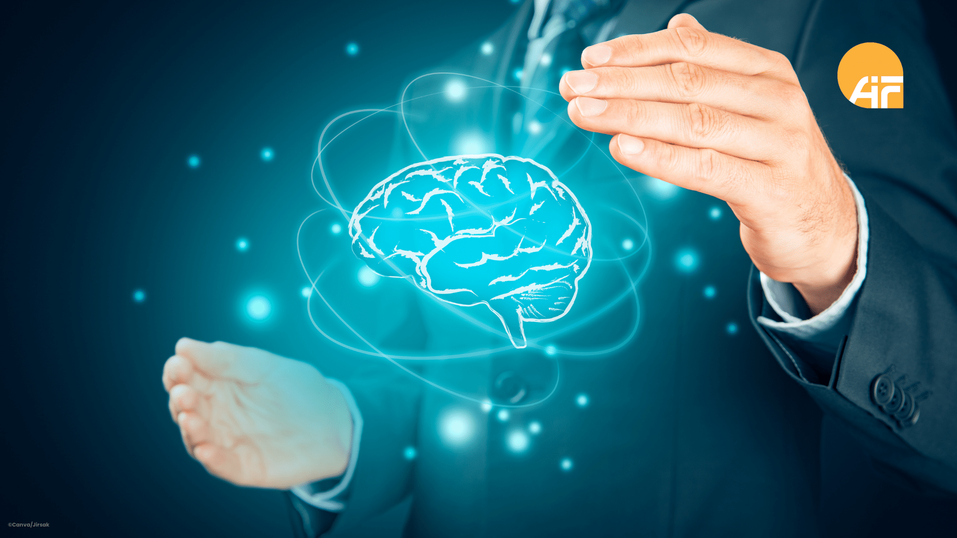 Zwei Hände, zwischen denen die Grafik eines Gehirn schwebt.